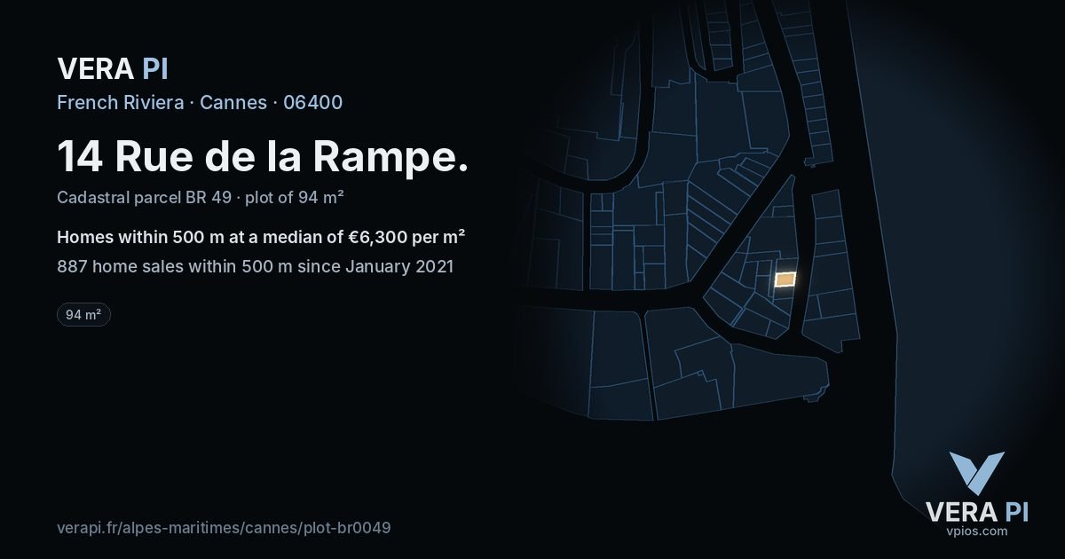 14 Rue de la Rampe, Cannes at night – the plot lit, the parcels around coloured by the prices near them