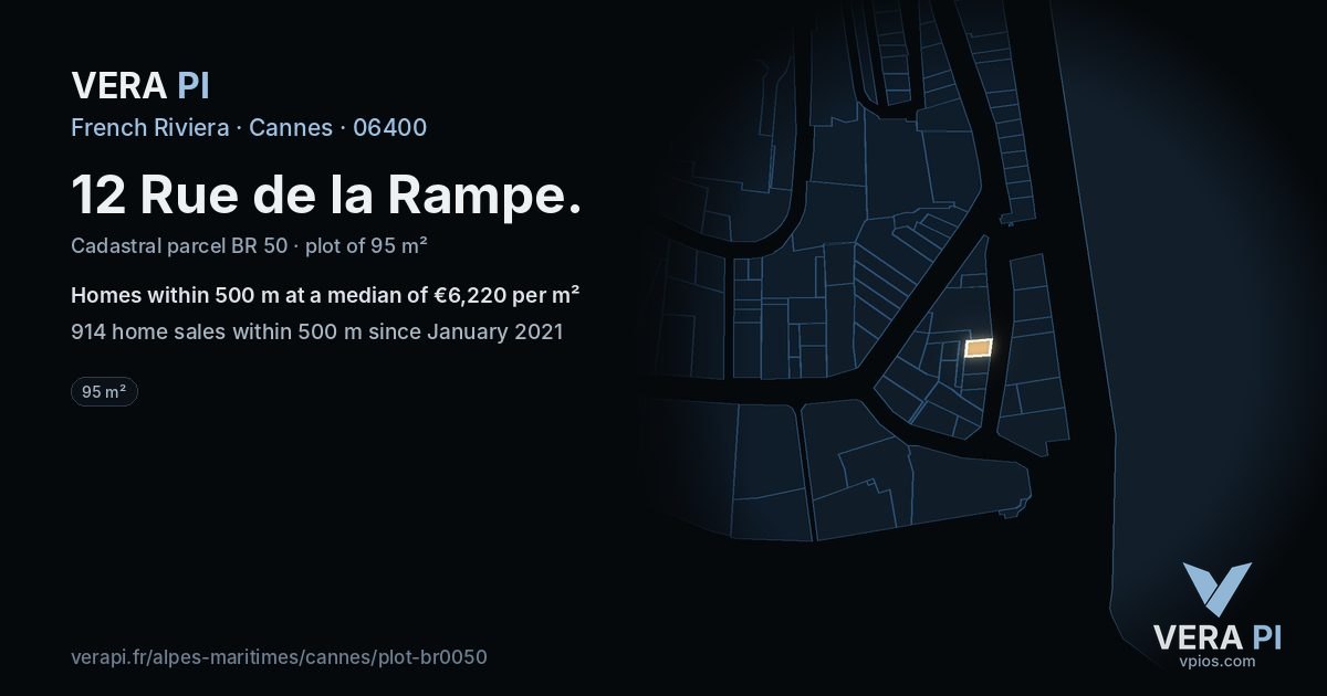 12 Rue de la Rampe, Cannes at night – the plot lit, the parcels around coloured by the prices near them