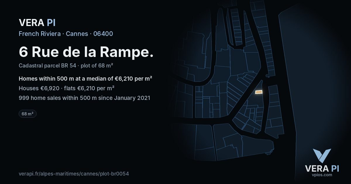 6 Rue de la Rampe, Cannes at night – the plot lit, the parcels around coloured by the prices near them