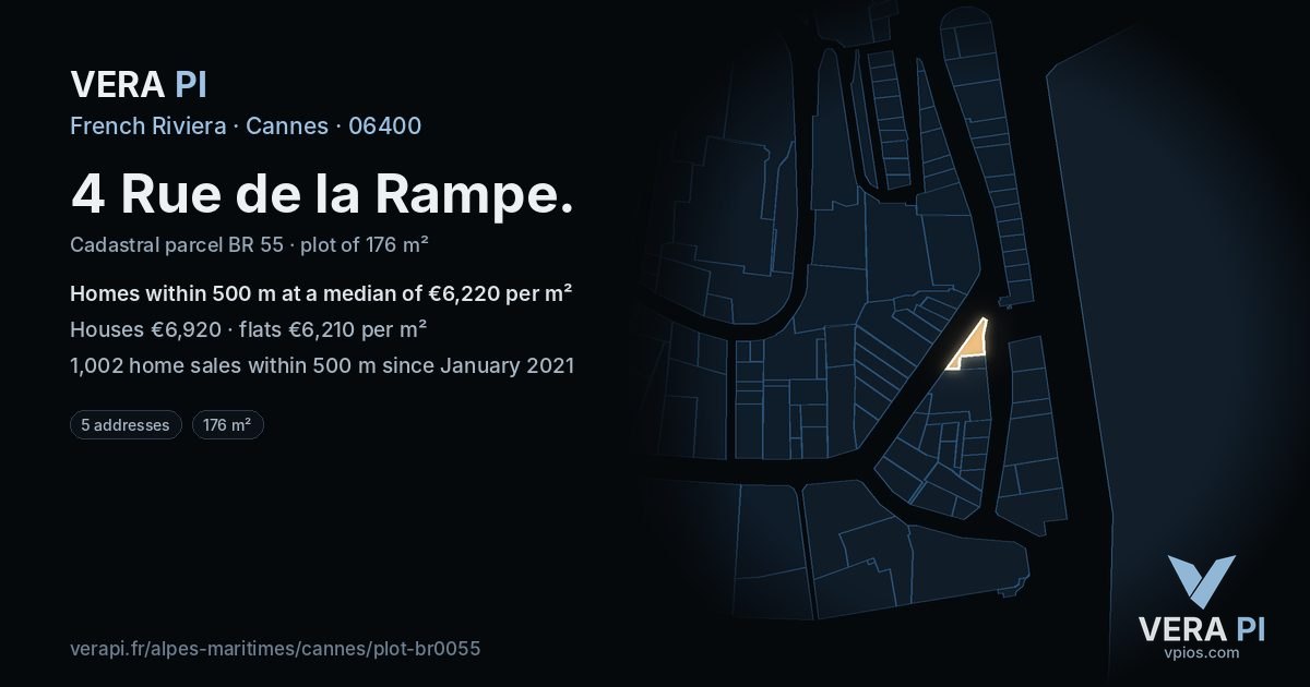 4 Rue de la Rampe, Cannes at night – the plot lit, the parcels around coloured by the prices near them