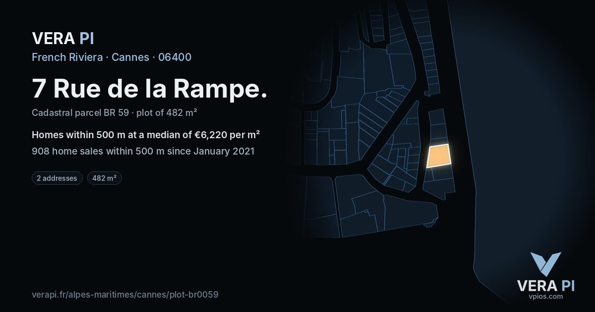7 Rue de la Rampe, Cannes at night – the plot lit, the parcels around coloured by the prices near them