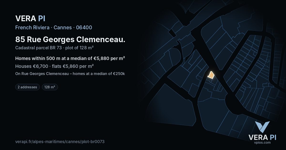 85 Rue Georges Clemenceau, Cannes at night – the plot lit, the parcels around coloured by the prices near them