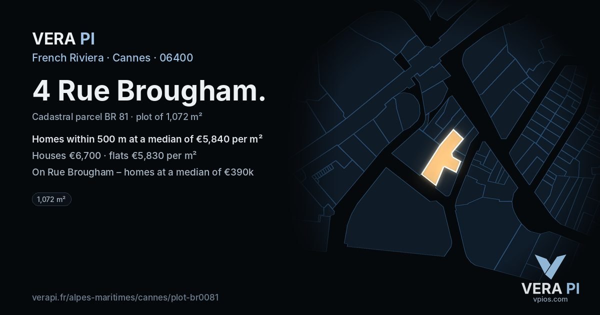 4 Rue Brougham, Cannes at night – the plot lit, the parcels around coloured by the prices near them