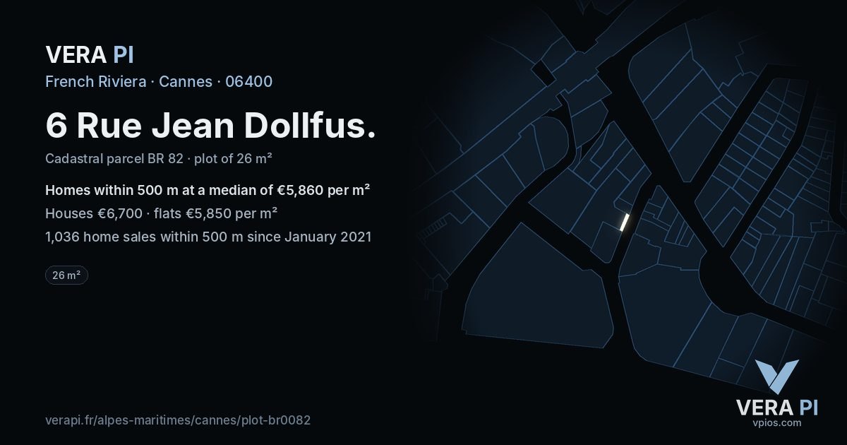 6 Rue Jean Dollfus, Cannes at night – the plot lit, the parcels around coloured by the prices near them