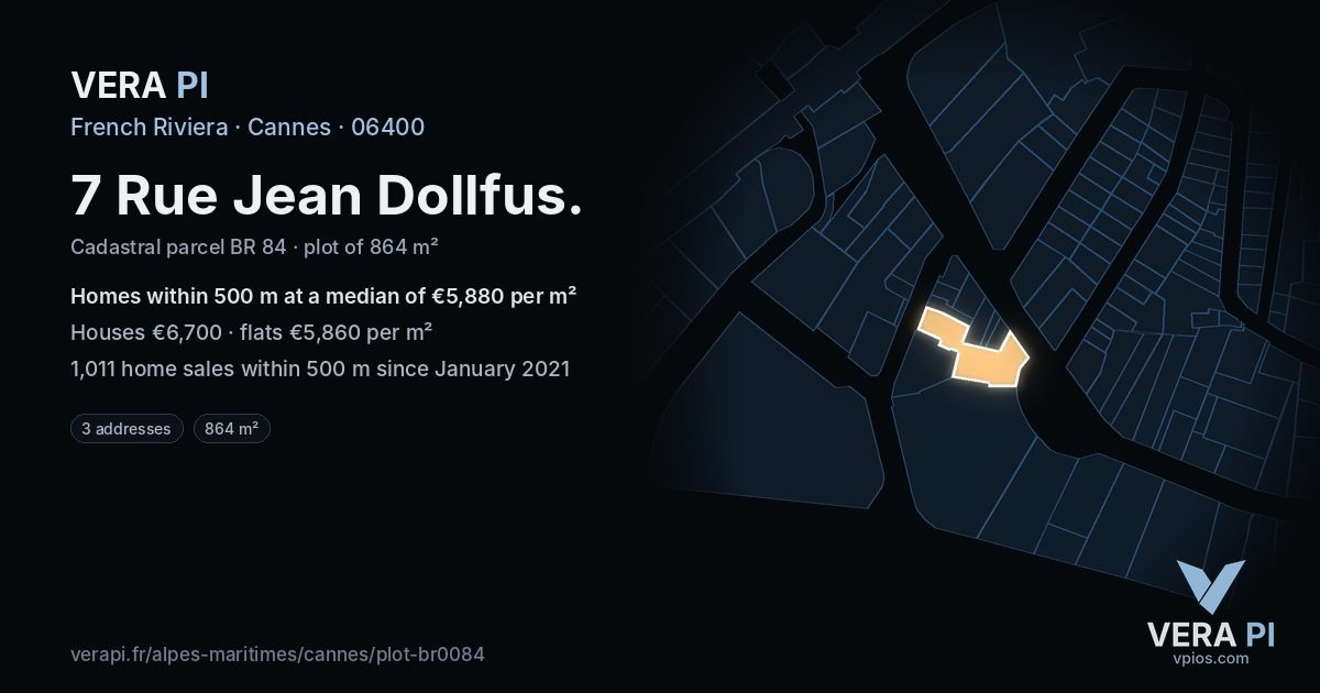 7 Rue Jean Dollfus, Cannes at night – the plot lit, the parcels around coloured by the prices near them