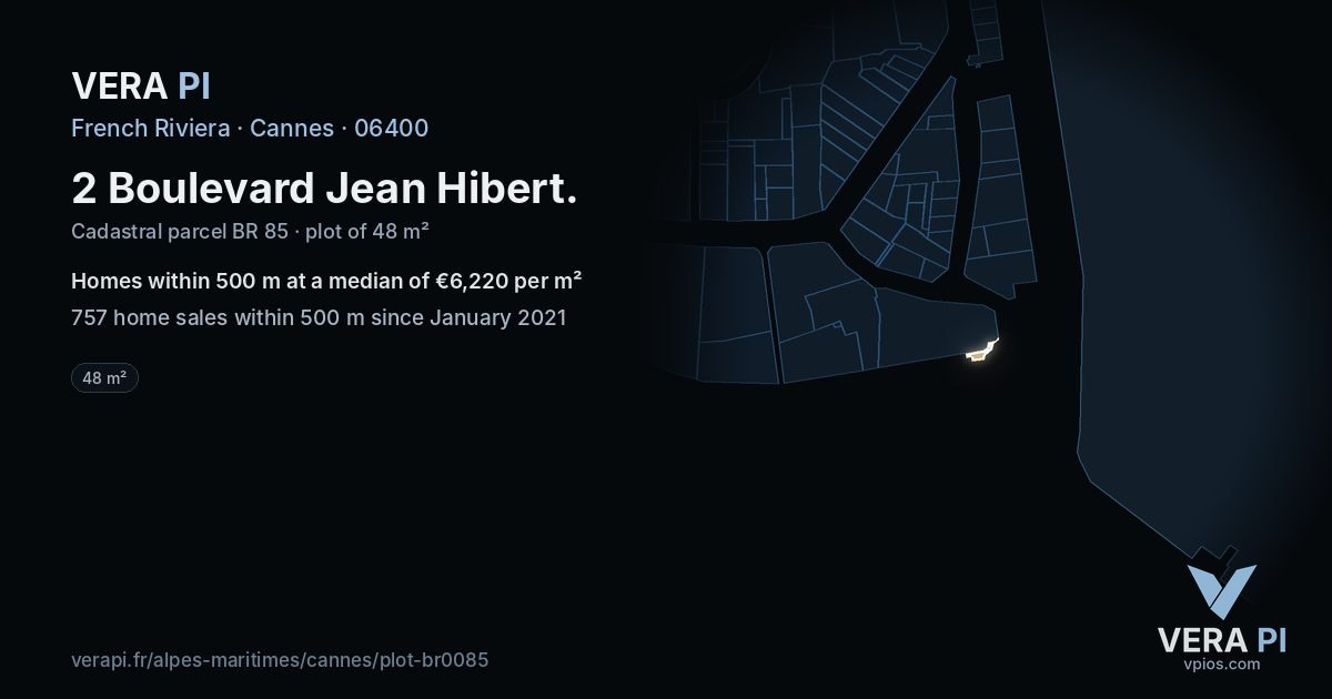 2 Boulevard Jean Hibert, Cannes at night – the plot lit, the parcels around coloured by the prices near them