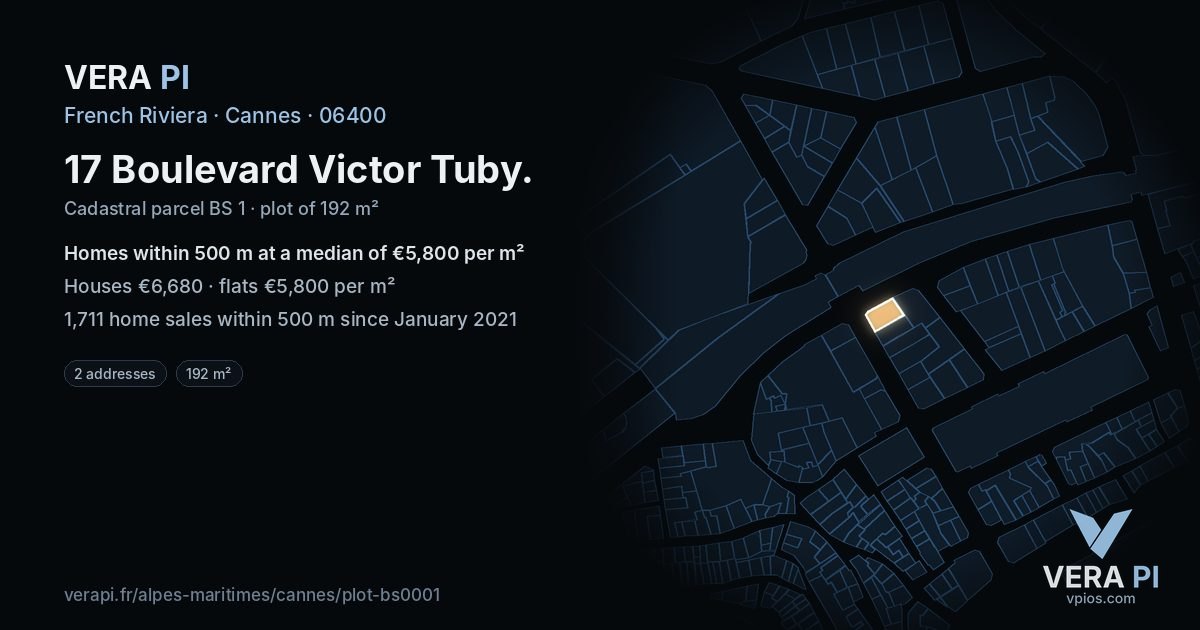 17 Boulevard Victor Tuby, Cannes at night – the plot lit, the parcels around coloured by the prices near them