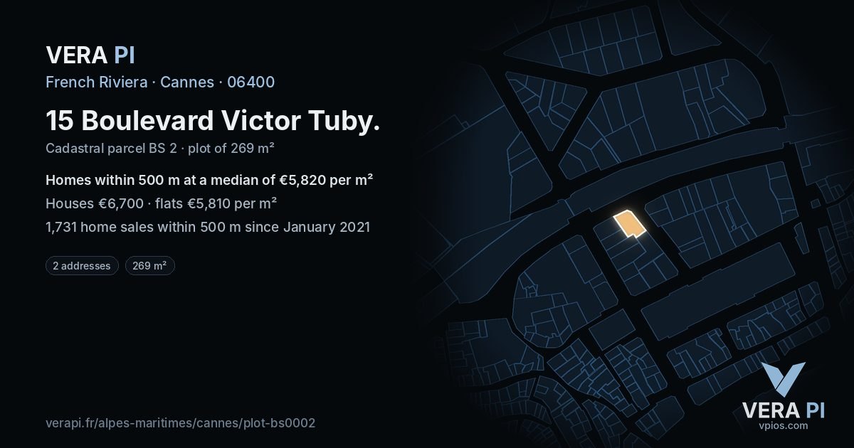 15 Boulevard Victor Tuby, Cannes at night – the plot lit, the parcels around coloured by the prices near them