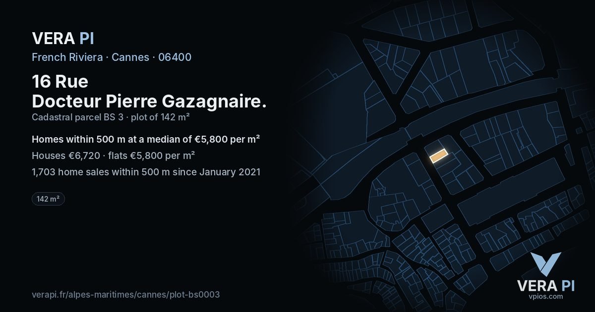 16 Rue Docteur Pierre Gazagnaire, Cannes at night – the plot lit, the parcels around coloured by the prices near them