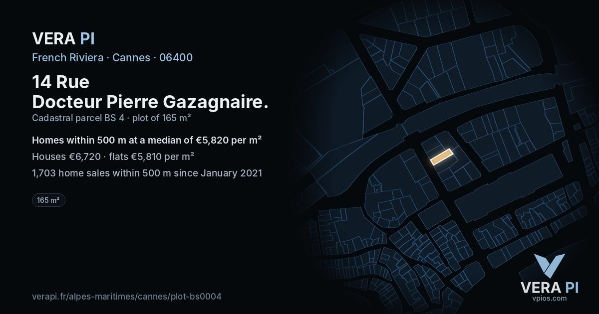 14 Rue Docteur Pierre Gazagnaire, Cannes at night – the plot lit, the parcels around coloured by the prices near them