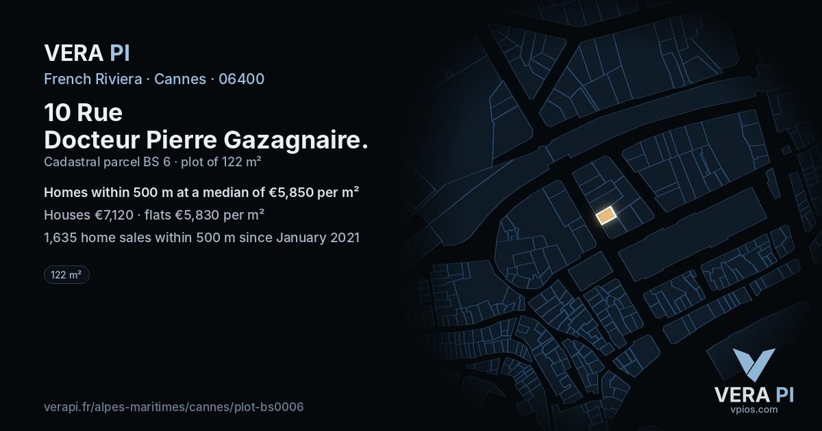 10 Rue Docteur Pierre Gazagnaire, Cannes at night – the plot lit, the parcels around coloured by the prices near them