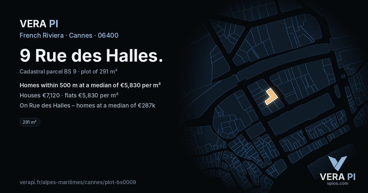 9 Rue des Halles, Cannes at night – the plot lit, the parcels around coloured by the prices near them