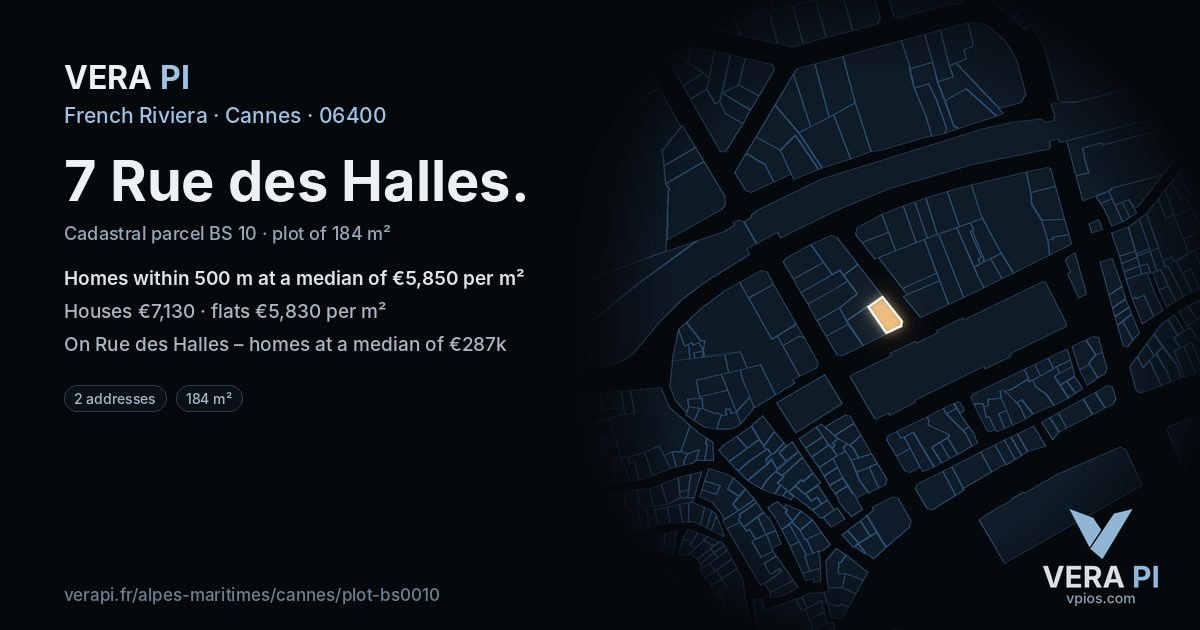 7 Rue des Halles, Cannes at night – the plot lit, the parcels around coloured by the prices near them
