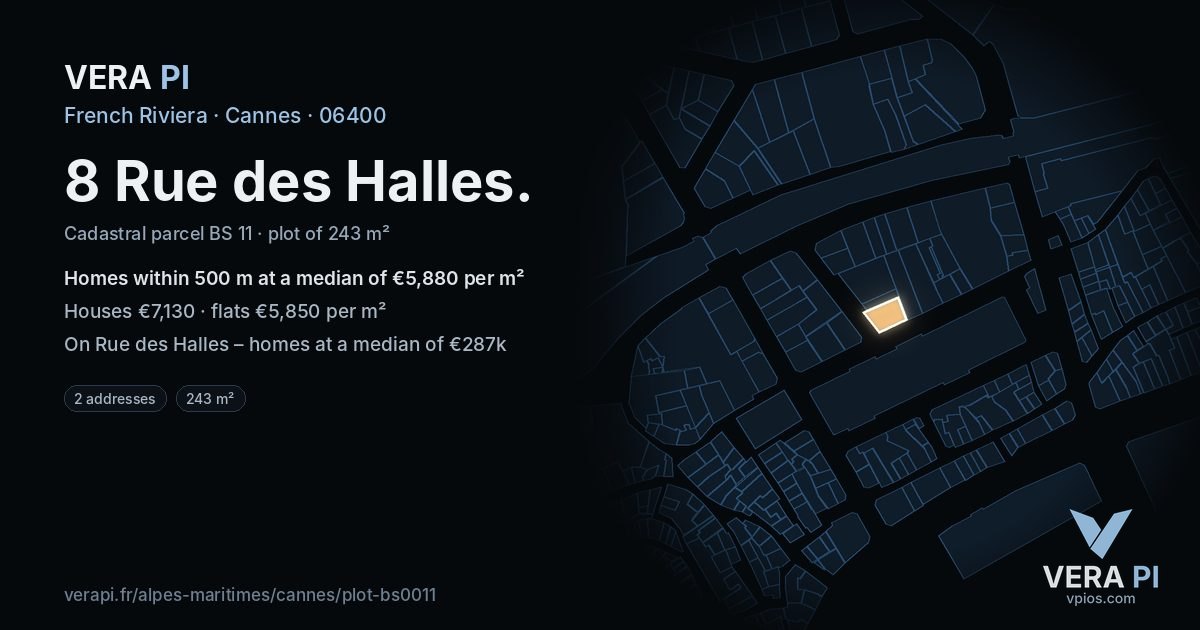 8 Rue des Halles, Cannes at night – the plot lit, the parcels around coloured by the prices near them