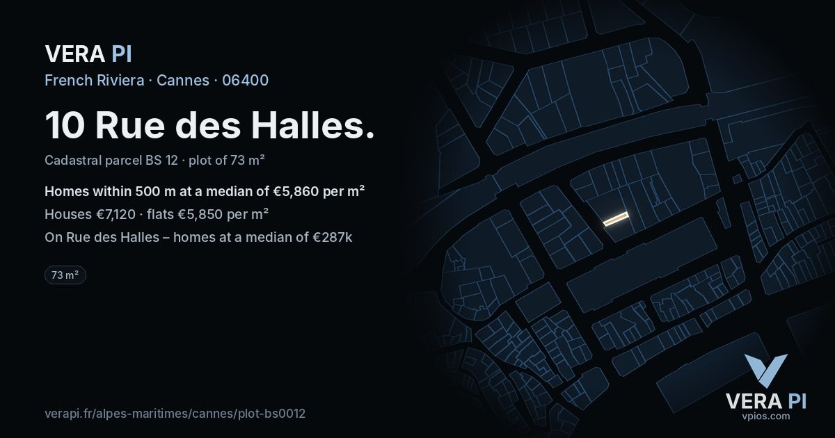 10 Rue des Halles, Cannes at night – the plot lit, the parcels around coloured by the prices near them