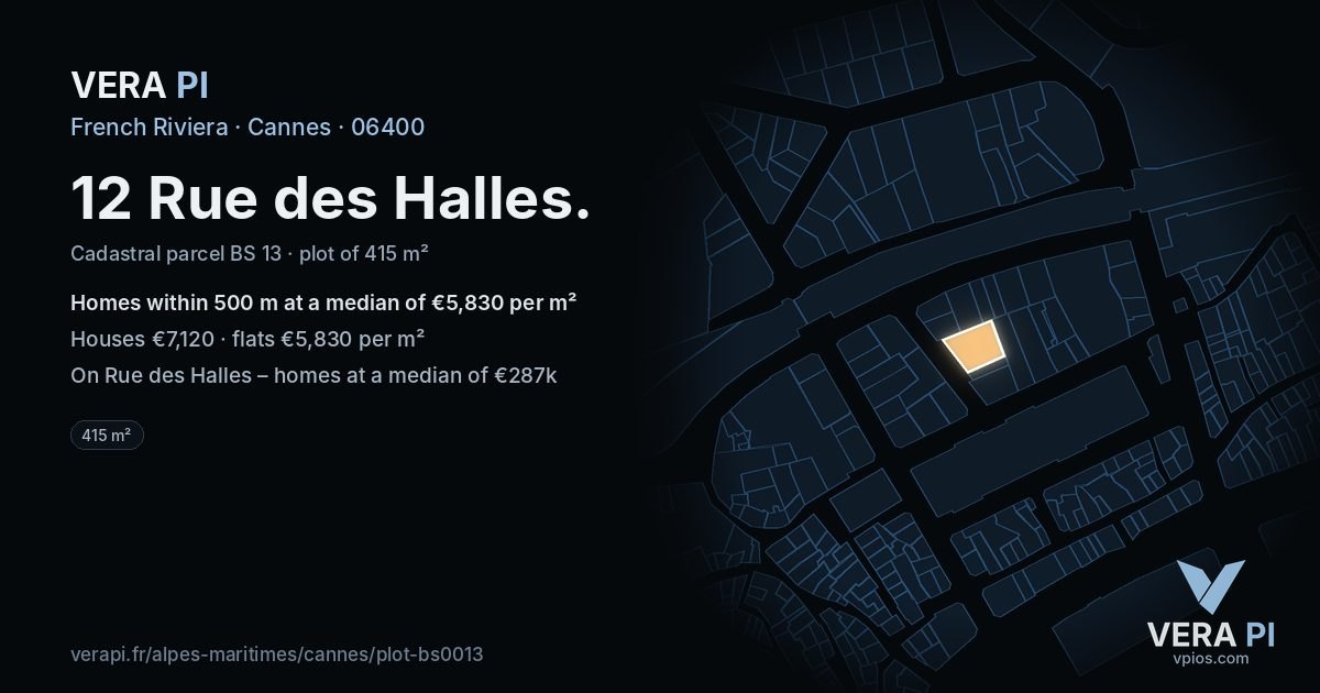 12 Rue des Halles, Cannes at night – the plot lit, the parcels around coloured by the prices near them