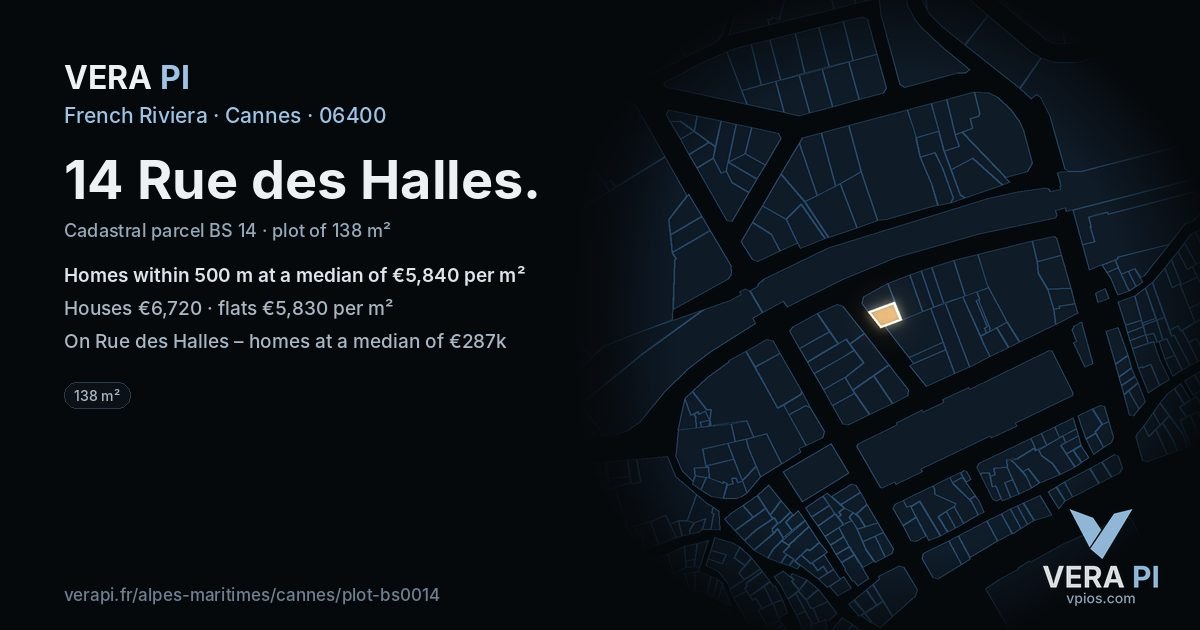 14 Rue des Halles, Cannes at night – the plot lit, the parcels around coloured by the prices near them