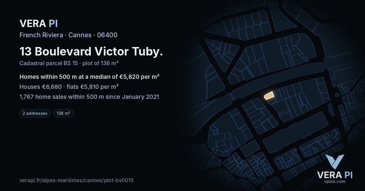 13 Boulevard Victor Tuby, Cannes at night – the plot lit, the parcels around coloured by the prices near them