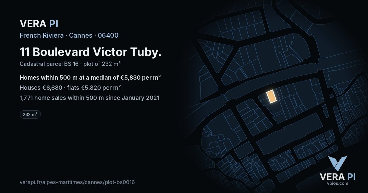 11 Boulevard Victor Tuby, Cannes at night – the plot lit, the parcels around coloured by the prices near them
