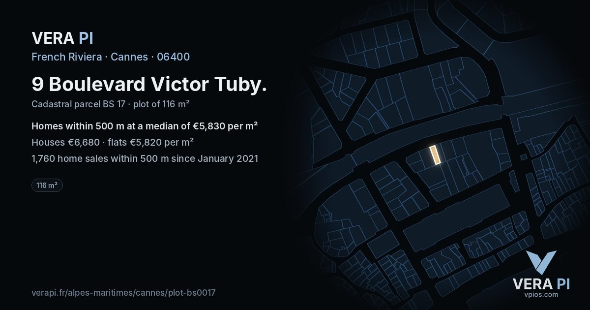 9 Boulevard Victor Tuby, Cannes at night – the plot lit, the parcels around coloured by the prices near them