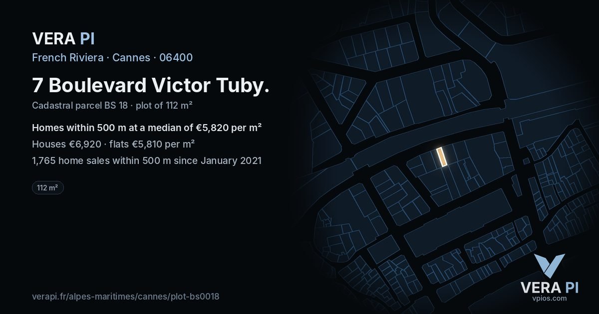 7 Boulevard Victor Tuby, Cannes at night – the plot lit, the parcels around coloured by the prices near them