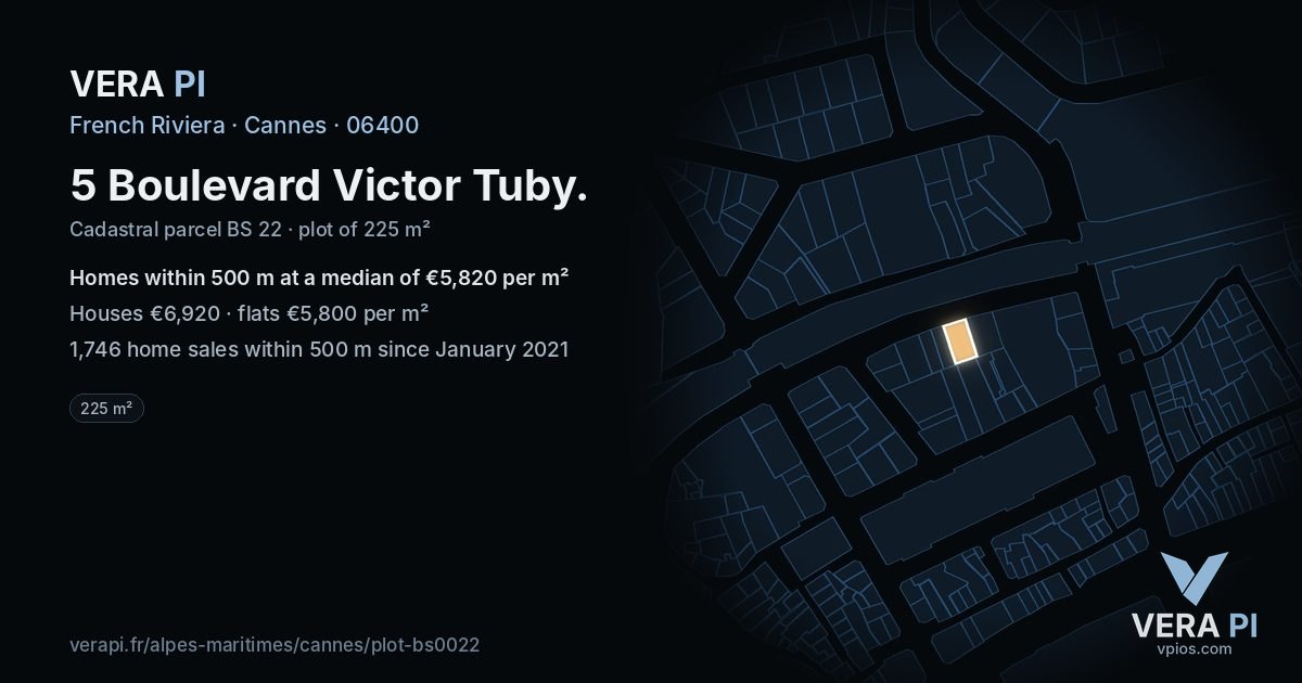 5 Boulevard Victor Tuby, Cannes at night – the plot lit, the parcels around coloured by the prices near them