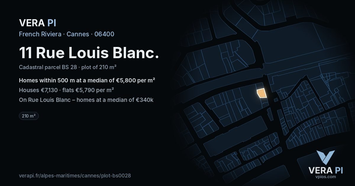 11 Rue Louis Blanc, Cannes at night – the plot lit, the parcels around coloured by the prices near them