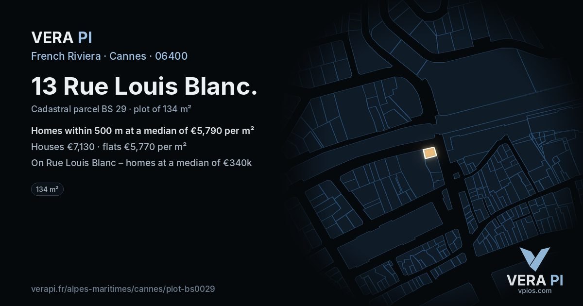 13 Rue Louis Blanc, Cannes at night – the plot lit, the parcels around coloured by the prices near them