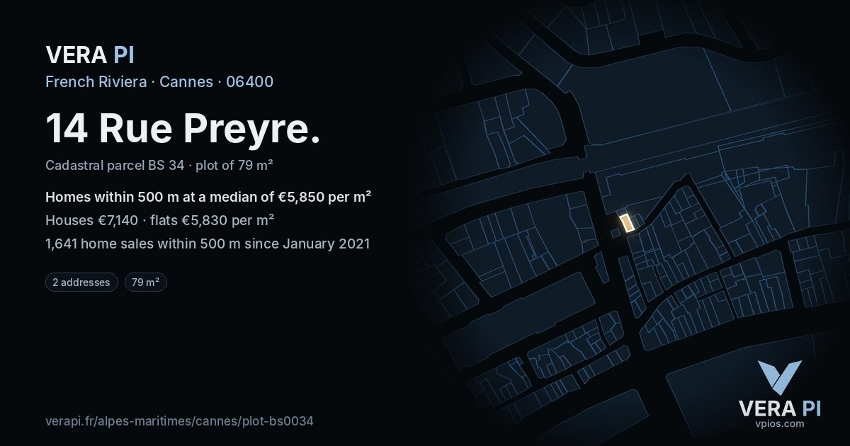 14 Rue Preyre, Cannes at night – the plot lit, the parcels around coloured by the prices near them