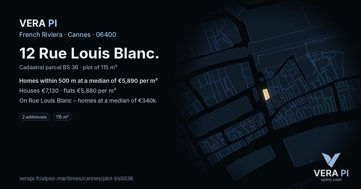 12 Rue Louis Blanc, Cannes at night – the plot lit, the parcels around coloured by the prices near them