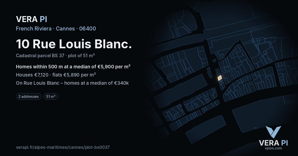10 Rue Louis Blanc, Cannes at night – the plot lit, the parcels around coloured by the prices near them