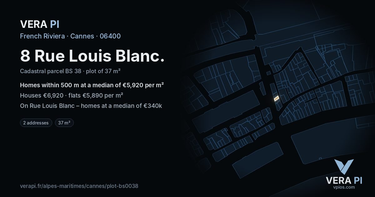 8 Rue Louis Blanc, Cannes at night – the plot lit, the parcels around coloured by the prices near them