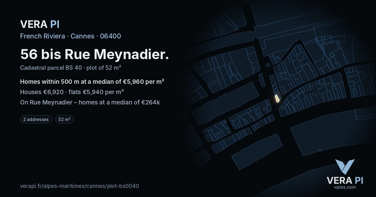 56 bis Rue Meynadier, Cannes at night – the plot lit, the parcels around coloured by the prices near them