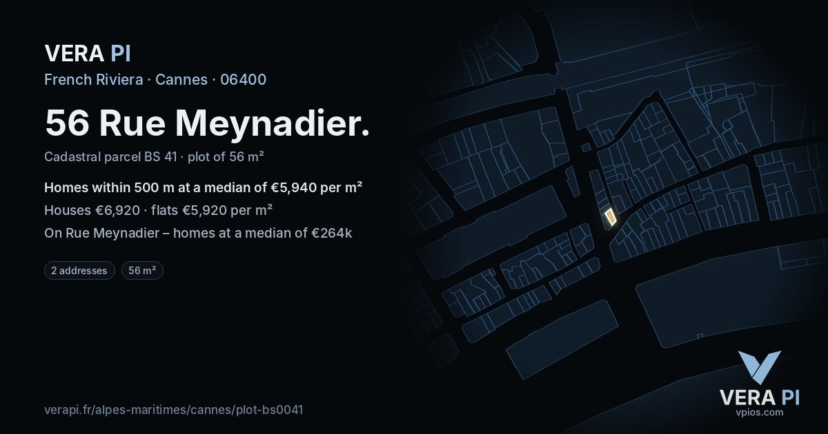 56 Rue Meynadier, Cannes at night – the plot lit, the parcels around coloured by the prices near them
