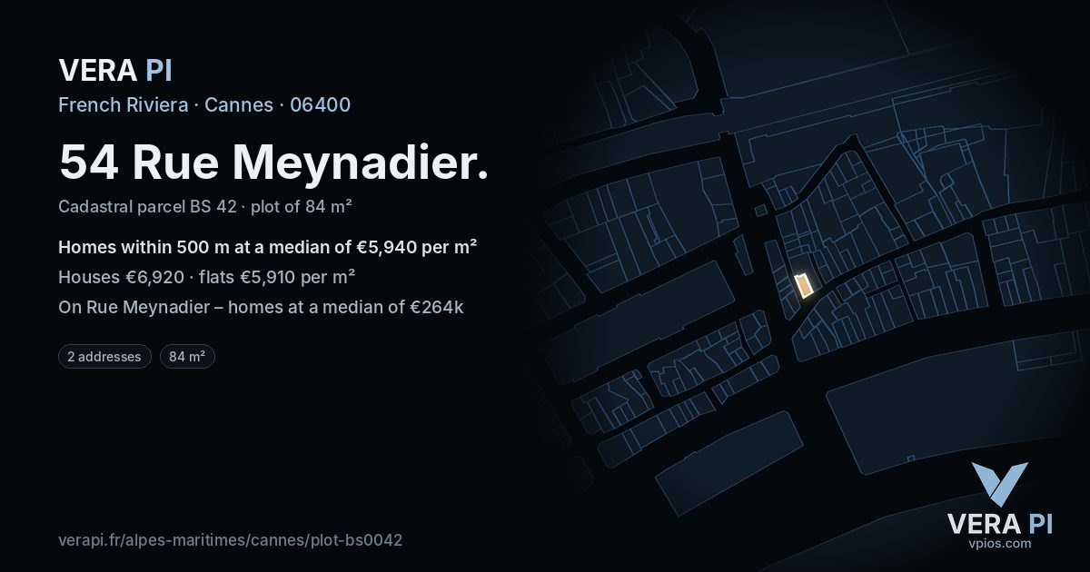 54 Rue Meynadier, Cannes at night – the plot lit, the parcels around coloured by the prices near them