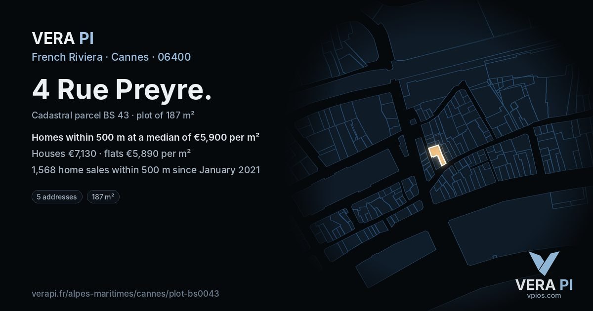 4 Rue Preyre, Cannes at night – the plot lit, the parcels around coloured by the prices near them
