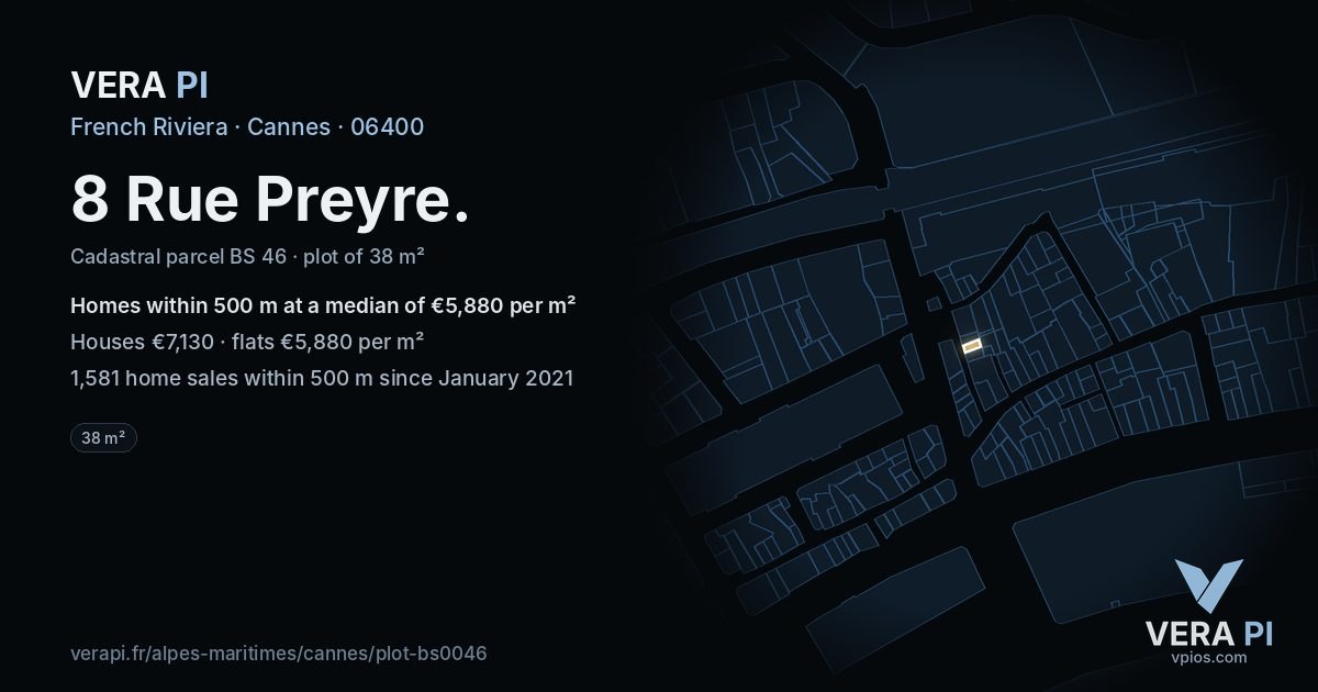 8 Rue Preyre, Cannes at night – the plot lit, the parcels around coloured by the prices near them