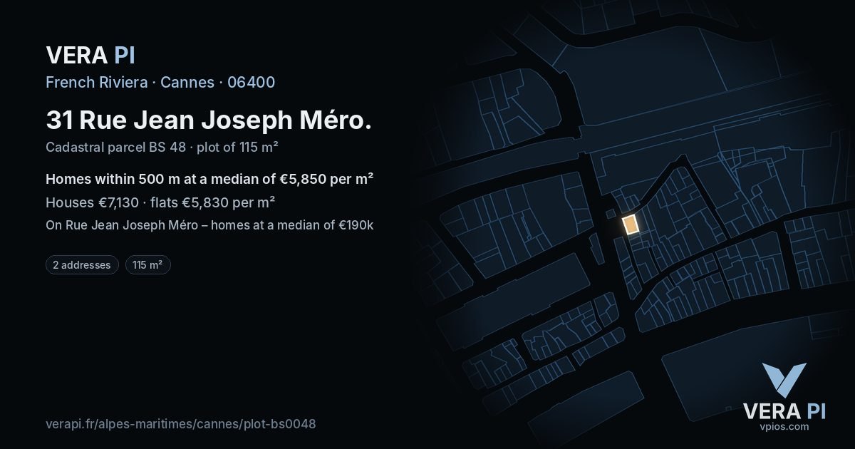 31 Rue Jean Joseph Méro, Cannes at night – the plot lit, the parcels around coloured by the prices near them