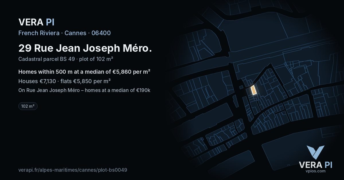 29 Rue Jean Joseph Méro, Cannes at night – the plot lit, the parcels around coloured by the prices near them