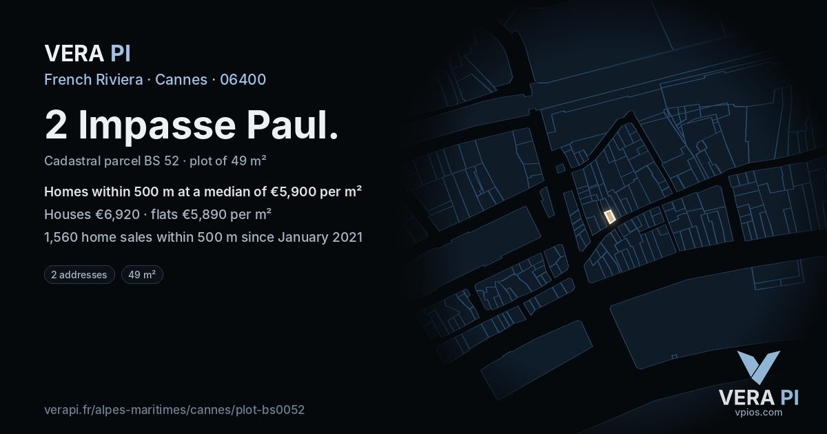 2 Impasse Paul, Cannes at night – the plot lit, the parcels around coloured by the prices near them
