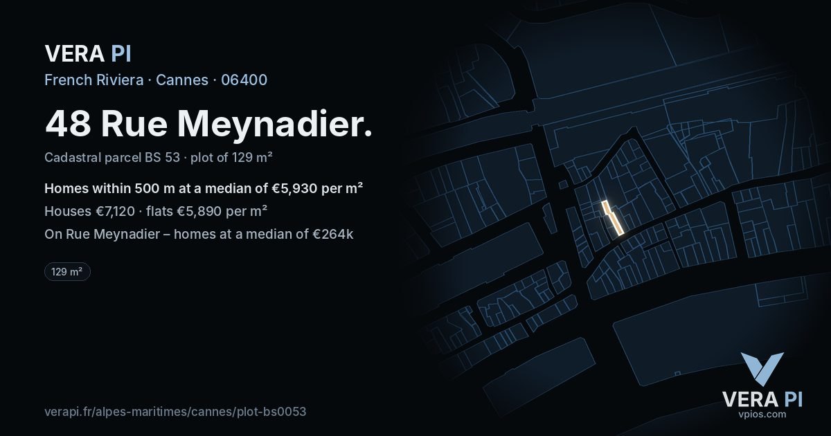 48 Rue Meynadier, Cannes at night – the plot lit, the parcels around coloured by the prices near them
