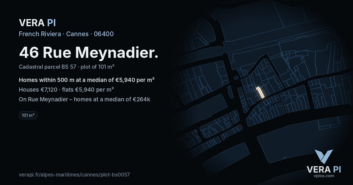 46 Rue Meynadier, Cannes at night – the plot lit, the parcels around coloured by the prices near them
