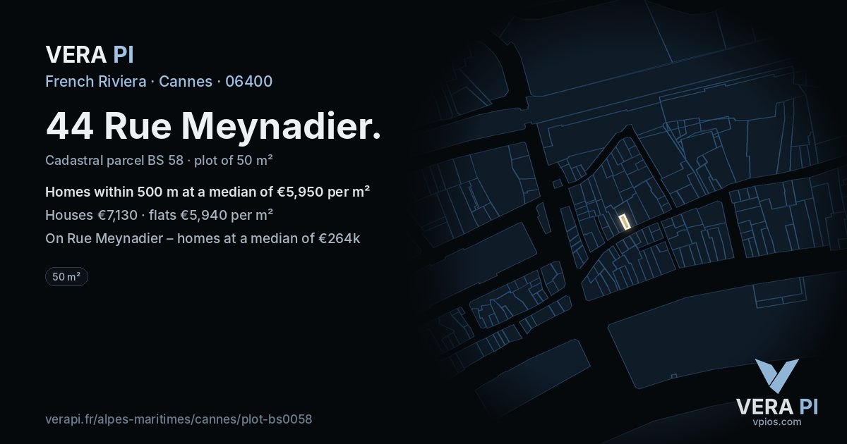44 Rue Meynadier, Cannes at night – the plot lit, the parcels around coloured by the prices near them