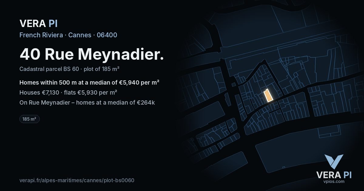 40 Rue Meynadier, Cannes at night – the plot lit, the parcels around coloured by the prices near them