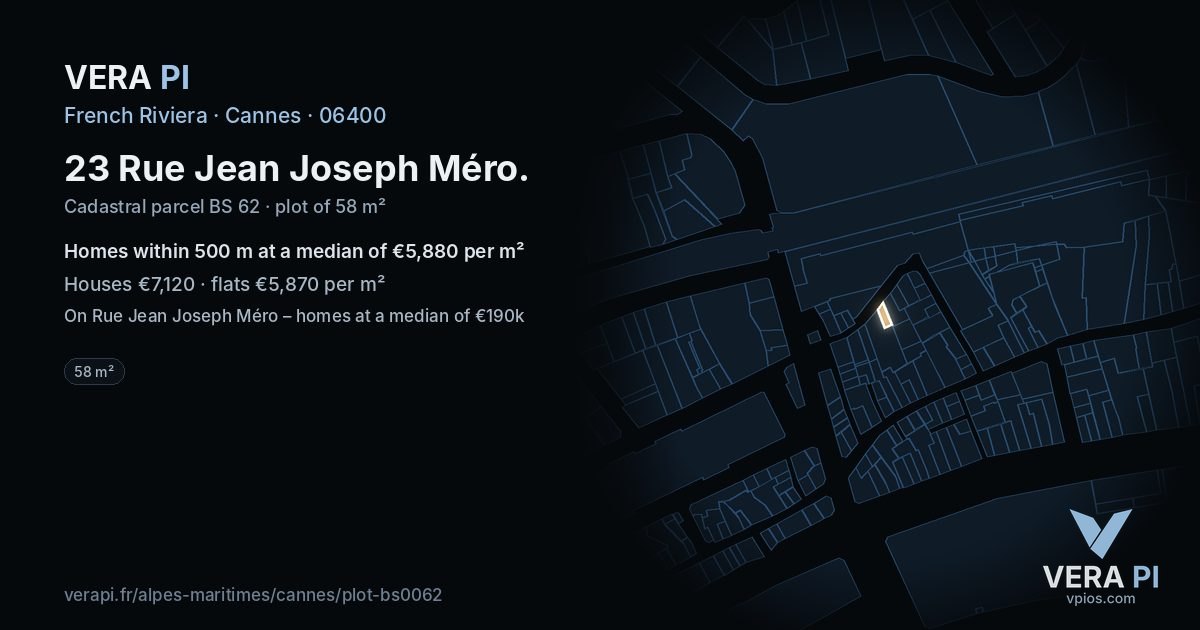 23 Rue Jean Joseph Méro, Cannes at night – the plot lit, the parcels around coloured by the prices near them