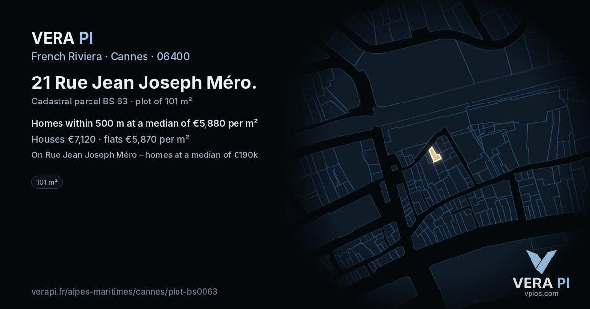 21 Rue Jean Joseph Méro, Cannes at night – the plot lit, the parcels around coloured by the prices near them