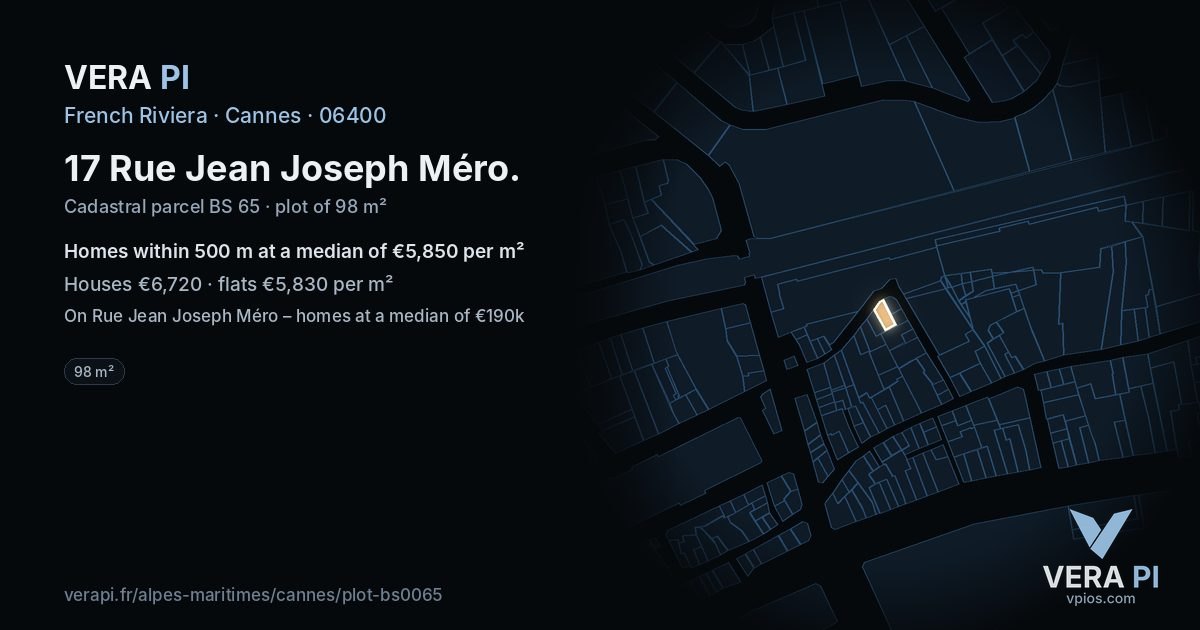 17 Rue Jean Joseph Méro, Cannes at night – the plot lit, the parcels around coloured by the prices near them