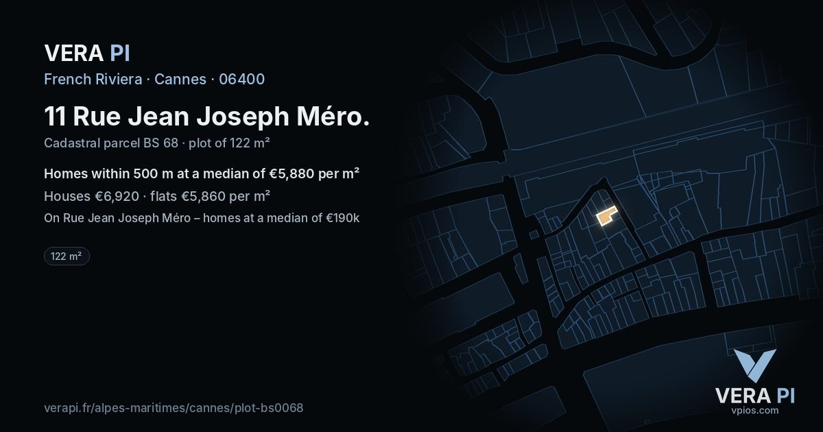 11 Rue Jean Joseph Méro, Cannes at night – the plot lit, the parcels around coloured by the prices near them