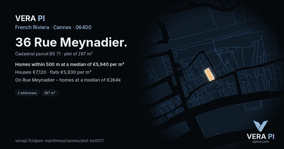 36 Rue Meynadier, Cannes at night – the plot lit, the parcels around coloured by the prices near them