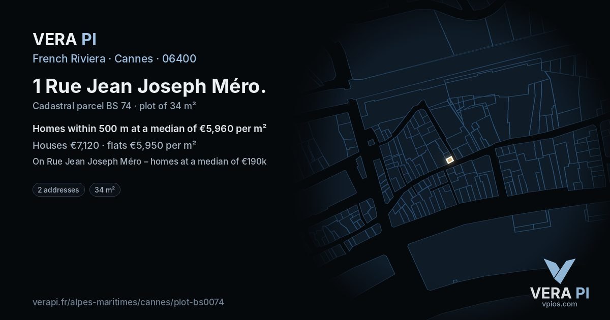 1 Rue Jean Joseph Méro, Cannes at night – the plot lit, the parcels around coloured by the prices near them